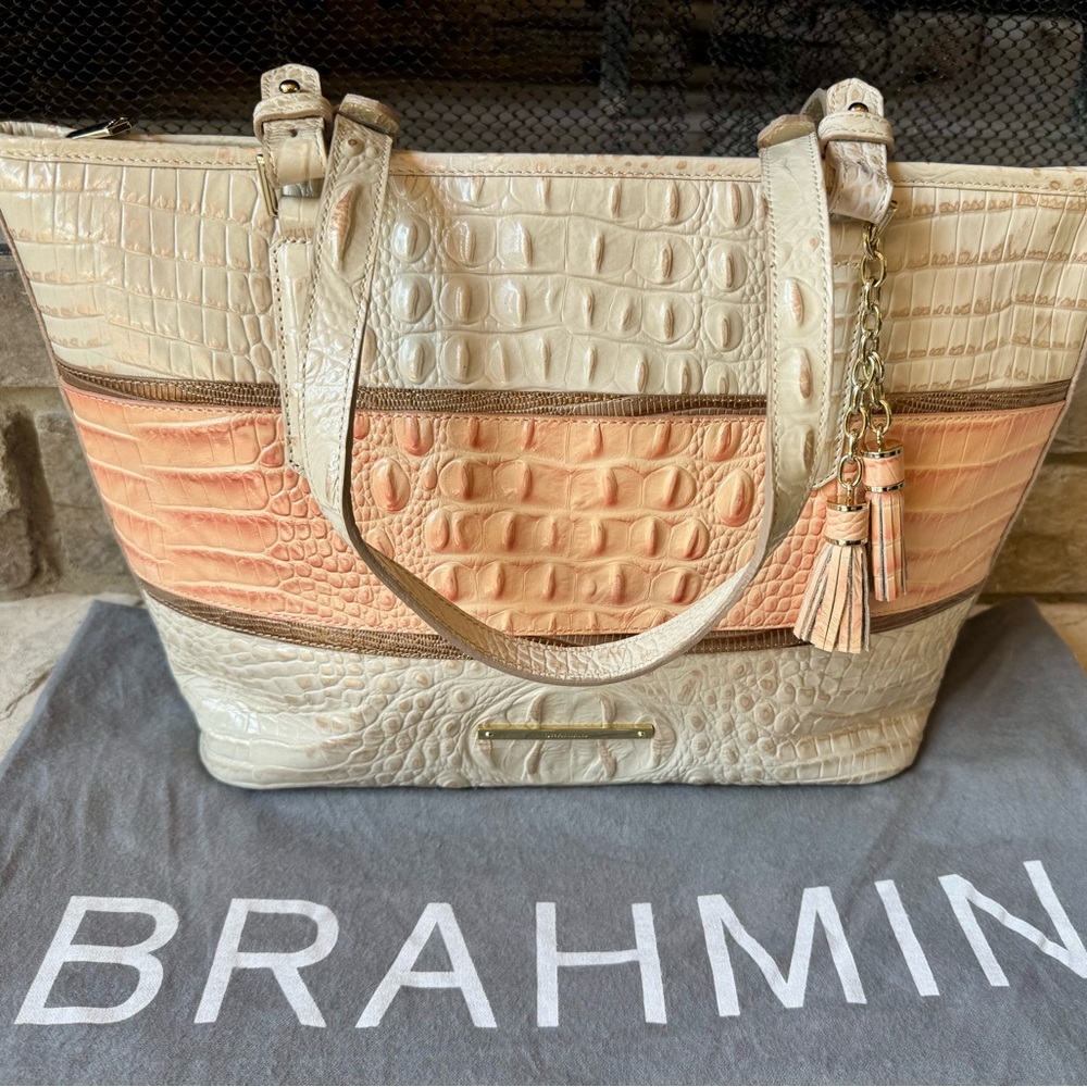Brahmin Medium Asher Cream and Peach Croc-Embossed Tote with Tassel Charm